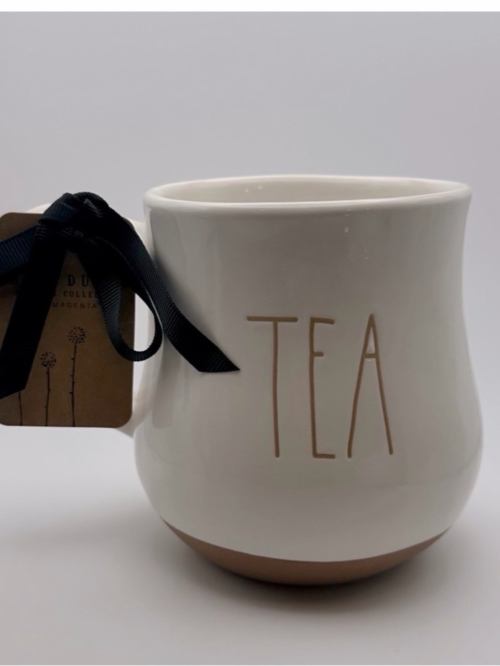Rae Dunn White Ceramic 'TEA' Mug with Brown Base and Gold Lettering